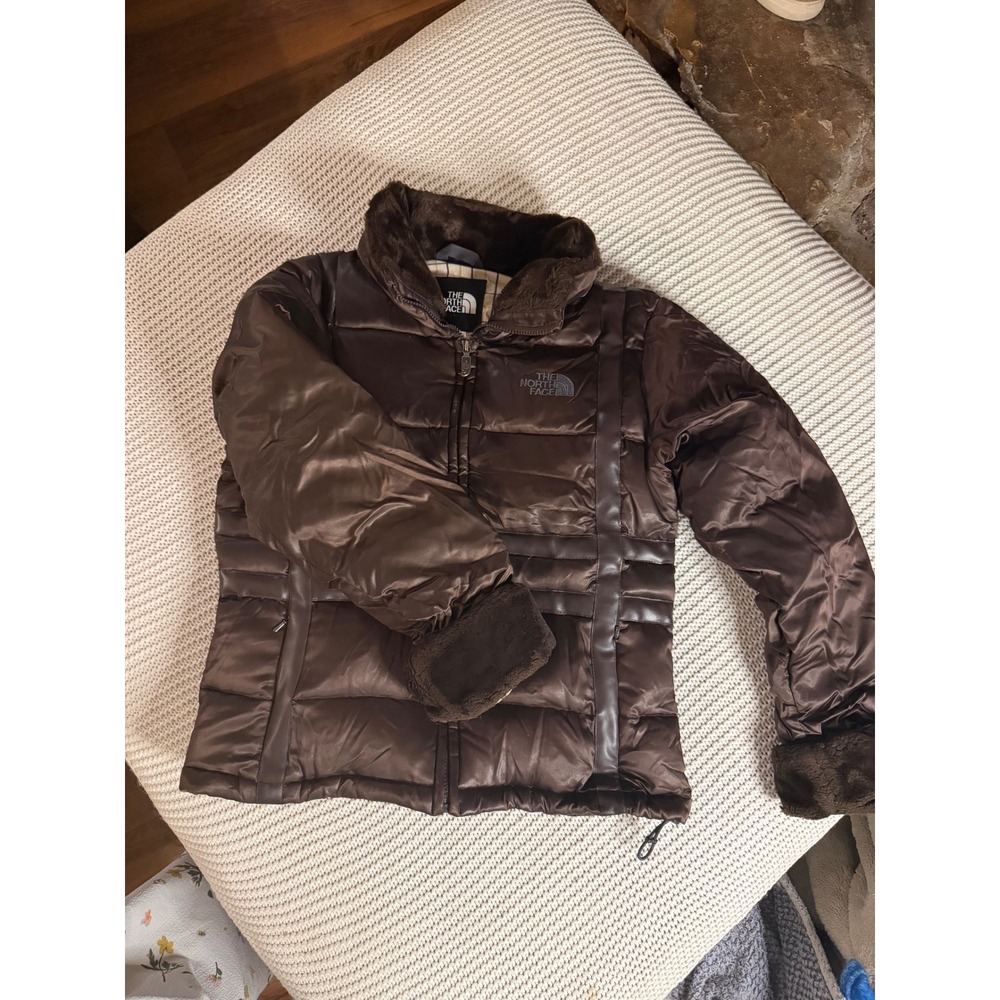 The North Face 550 Down Puffer Jacket Brown Faux Fur Trim Women Medium